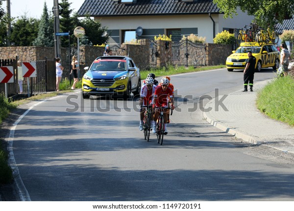 Krakow, Poland - August\
4, 2018: the first stage in the 75 Tour de Pologne UCI – World\
Tour, the 134 km Krakow-Krakow route. The biggest cycling event in\
Eastern Europe. 