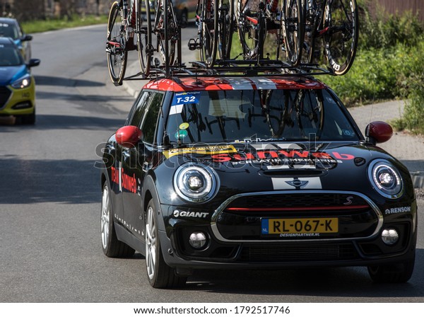 Krakow, Poland - August 4, 2018:  Team vehicle on the\
route of Tour de Pologne bicycle race. TdP is part of prestigious\
UCI World 