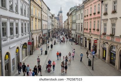 Krakow, Poland - August 7, 2017: Undefined People In Florianska Street From Aerial View On Saint Florians Gate.