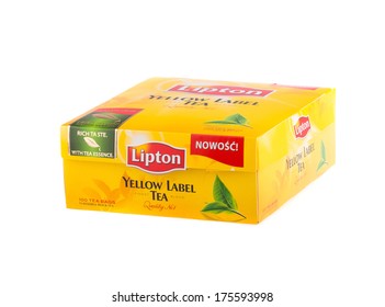 KRAKOW, POLAND - FEB 8, 2014: Studio shot packs of Lipton Yellow Label 100 tea bags, isolated on white. Lipton is a world famous brand of tea - founded 1890 and named after its founder Thomas Lipton.