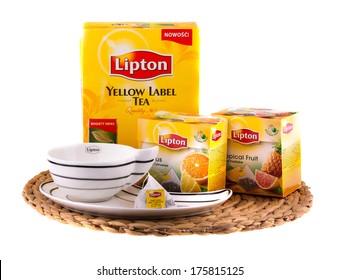 KRAKOW, POLAND - FEB 8, 2014: Studio shot packs of tea Lipton in assortment isolated on white. Lipton is a world famous brand of tea - company founded 1890 and named after its founder Thomas Lipton.
