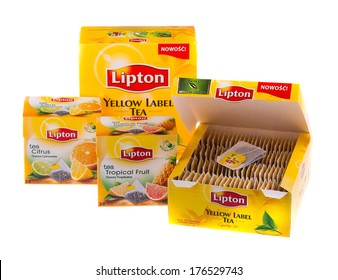 KRAKOW, POLAND - FEB 8, 2014: Studio shot packs of tea Lipton in assortment isolated on white. Lipton is a world famous brand of tea - company founded 1890 and named after its founder Thomas Lipton.
