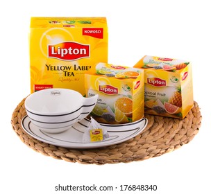 KRAKOW, POLAND - FEB 8, 2014: Studio shot packs of tea Lipton in assortment isolated on white. Lipton is a world famous brand of tea - company founded 1890 and named after its founder Thomas Lipton.