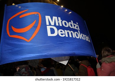 Krakow, Poland - January 29 2021: Big Banner With Name Of Political Party Movement YOUNG DEMOCRATS And Logo Holds By Protesters During Anti-government And Law And Justice Demonstration