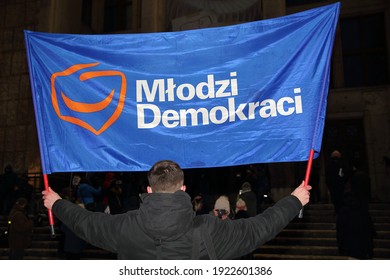 Krakow, Poland - January 29 2021: Big Banner With Name Of Political Party Movement YOUNG DEMOCRATS And Logo Holds By Protesters During Anti-government And Law And Justice Demonstration