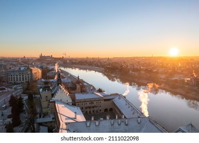 Krakow, Poland - January 7 2022: Winter landmark city on morning