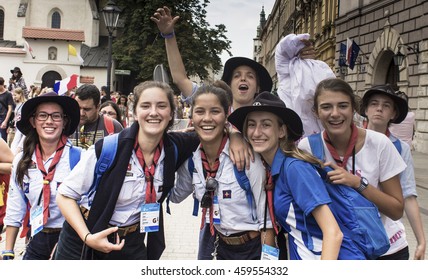 
KRAKOW, POLAND - JUL 27, 2016: Unidentified participants of World Youth Day and International Catholic youth Convention, July 25-31. This year festival was visited by Pope Francis.
