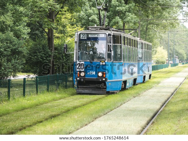 KRAKOW, POLAND - JUNE 25, 2020: Konstal 105N/NA\
classic Polish tram on 3 Maja avenue (3rd of May). MPK Krakow\
Public Transport\
tramway.