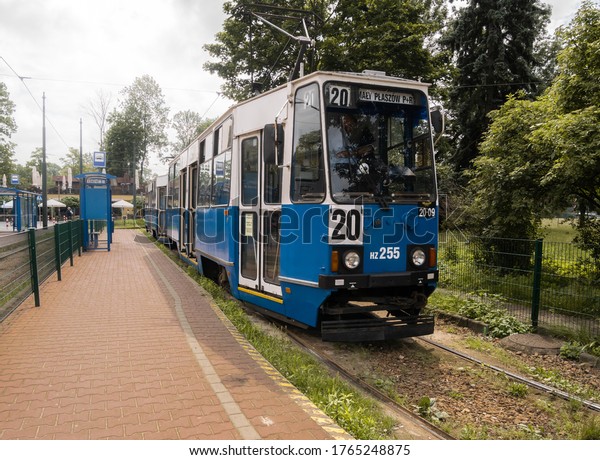 KRAKOW, POLAND - JUNE 25, 2020: Konstal 105N/NA\
classic Polish tram at the Cichy Kacik stop in Krakow, Poland. MPK\
Krakow Public Transport\
tramway.