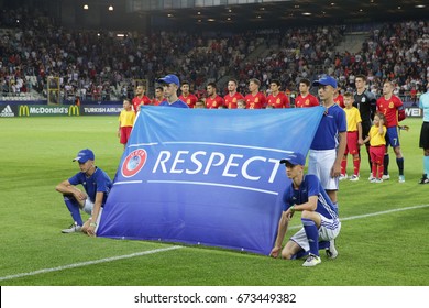 KRAKOW, POLAND - JUNE 27, 2017: European Under-21 Championship Poland 2017, Semi Final Italy - Spain O/p Uefa Flag