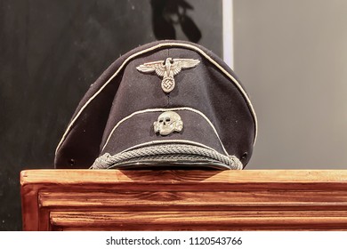 Krakow, Poland - June 3, 2018: Schutzstaffel  (SS) Skull Division Cap In Oskar Schindler's Enamel Factory Museum