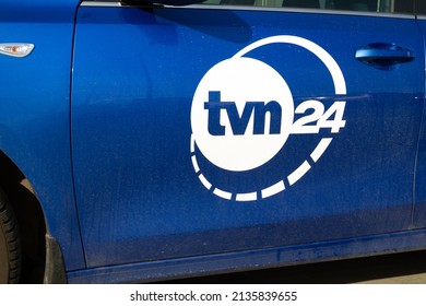 KRAKOW, POLAND - MARCH 12, 2022: TVN24 TV Network Company Logo On The Car Door. Polish 24-hour Commercial News Channel. TVN 24 Television Station, Information Media.