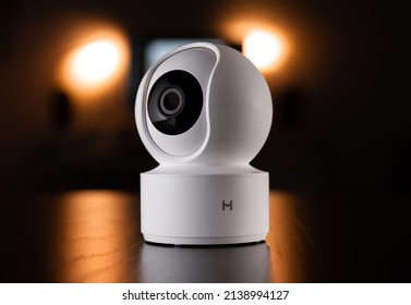 KRAKOW, POLAND - MARCH 21, 2022: Xiaomi Mi Home Security Camera With Motion Detection For Baby Room Or Pets. Household Surveillance System, 360 Angle.