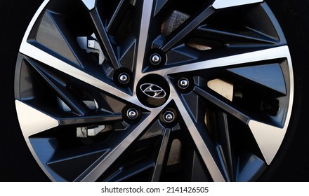 KRAKOW, POLAND - MARCH 27, 2022: Hyundai Car Alloy Wheel With Logo Sign. Emblem Badge Logotype On Korean Auto Rims.