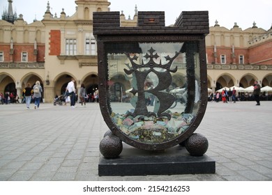 Krakow, Poland - May 1 2022: Decorative Vintage Box On Main Market Square To Collect Money Of Donators For Recovering Historical Heritage In Krakow, Poland