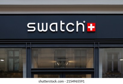 KRAKOW, POLAND - MAY 2, 2022: Swatch Store Logo Sign. Swiss Watchmaker Signboard With Logotype Above Shop Entrance.