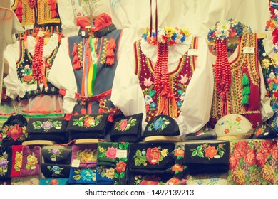 Krakow, Poland; May 20 2017: Polish Traditional Clothes In A Market Square Shop In Krakow, Poland.