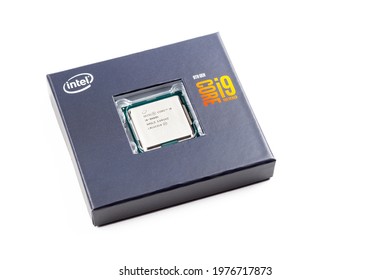 Krakow, Małopolska, Poland - May 2021: 9th Generation Intel Core I9 9900k 8 Core X86 Desktop Microprocessor, CPU, Unlocked I9-9900k High End Pc Processor Box Package, Isolated On White, Cut Out