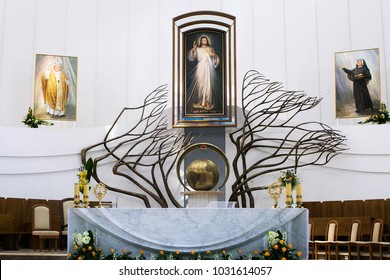 KRAKOW, POLAND - MAY 28, 2016: Main altar in Basilica of the Divine Mercy of Sanctuary in Lagiewniki. Millions of pilgrims from around the world visit sanctuary every year.