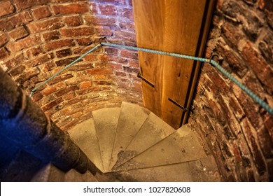 KRAKOW, POLAND - MAY 29, 2016: Old Stone Staircase In The Tower Of The St. Mary's Basilica. The Church Was Built In The 14th Century And Serve As One Of The Best Examples Of Polish Gothic Architecture