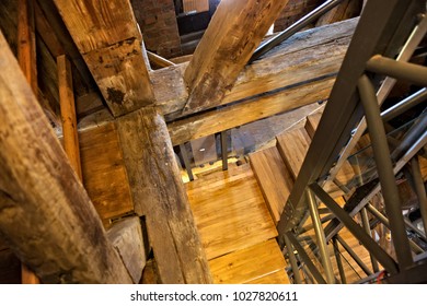 KRAKOW, POLAND - MAY 29, 2016: Wooden Staircase In The Tower Of St. Mary's Basilica. The Church Was Built In The 14th Century And Serve As One Of The Best Examples Of Polish Gothic Architecture.