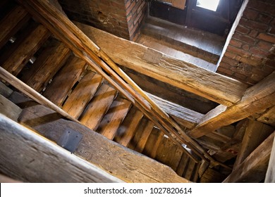 KRAKOW, POLAND - MAY 29, 2016: Old Wooden Staircase In The Tower Of St. Mary's Basilica. The Church Was Built In The 14th Century And Serve As One Of The Best Examples Of Polish Gothic Architecture.