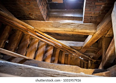 KRAKOW, POLAND - MAY 29, 2016: Old Wooden Staircase In The Tower Of St. Mary's Basilica. The Church Was Built In The 14th Century And Serve As One Of The Best Examples Of Polish Gothic Architecture.