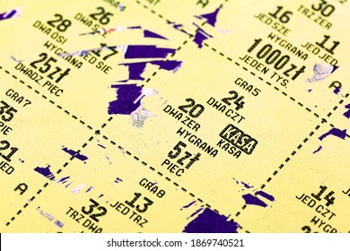 Krakow, Małopolska, Poland - November 2020: Simple Polish Lottery Ticket, Scratch Card, Scratch Off Detail, Extreme Closeup, Macro. Prize Numbers, Money Figures. Gambling, Lotteries Abstract Concept