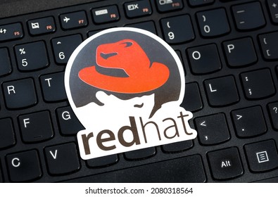 Krakow, Małopolska, Poland - November 2021: RHEL OS, Red Hat Enterprise Linux Operating System Commercial Market Distribution Logo, Symbol, Sticker On A Laptop Keyboard, Object Closeup, Nobody