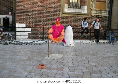 KRAKOW, POLAND - OCTOBER 01, 2016 Living Statue Street Performer 