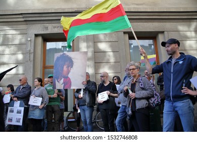  Krakow / Poland - October 12 2019: Demonstration Against Turkish Invasion In Syria, Activists And Local People With Flags Of  Autonomous Administration Of North And East Syria Called Rojava Also