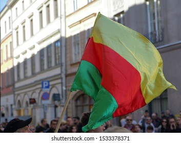 Krakow / Poland - October 12 2019: Flag Of  Autonomous Administration Of North And East Syria, Named Rojava Also During Demonstration Against Turkish Invasion In Syria