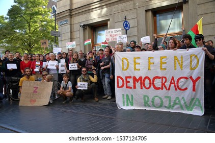 Krakow / Poland - October 12 2019: Demonstration Against Turkish Invasion In Syria, Activists And Local People With Flags Of  Autonomous Administration Of North And East Syria Called Rojava Also