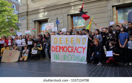 Krakow / Poland - October 12 2019: Demonstration Against Turkish Invasion In Syria, Activists And Local People With Flags Of  Autonomous Administration Of North And East Syria Called Rojava Also