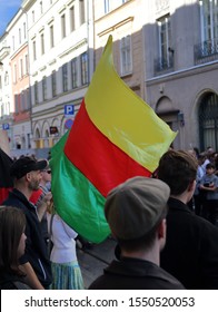 Krakow / Poland - October 12 2019: Flag Of  Autonomous Administration Of North And East Syria, Known As Rojava  During Demonstration Against Turkish Invasion In Syria