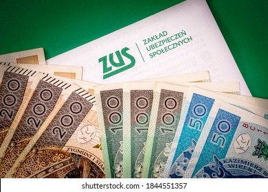 Krakow, Poland - October 2020: ZUS (National Social Insurance Company) Logo And Polish Money