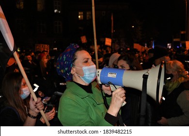 Krakow, Poland, October 23 2020: A Huge Protest Against The Abortion Ban In Poland Took Place In Krakow. Protesters Started At The Main Place. Police Stopped The Crowd From Moving On A Main Street. 