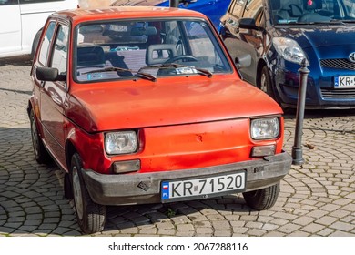 Krakow, Poland-Oct 4, 2021
The Fiat 126, rear-engined, city and economy car. The majority of  were produced in the Tychy plant in Bielsko-Biala, Poland, as the Polski Fiat 126p, from 1973 to 2000. 
