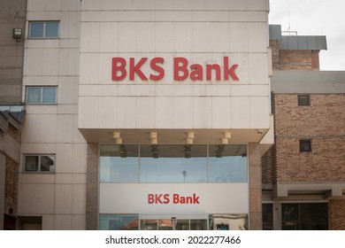 KRANJ, SLOVENIA - JUNE 15, 2021: BKS Banka  logo on their Kranj office. Part of 3 banken gruppe, BKS Bank is an Austrian universal commercial and retail bank spread in Slovenia and Europe.