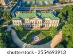 Krasinski Palace and National Library in Warsaw, Poland, view from above with green park, tourist attraction