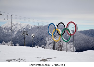 KRASNAYA POLYANA, SOCHI,  RUSSIA- 06  december 2017: Olympic rings on the background of snow mountains, Editorial.
