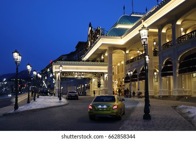 KRASNAYA POLYANA, SOCHI, RUSSIA - MAR 7, 2017: Sochi Casino And Resort At Evening