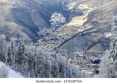 Krasnaya Polyana Village Snowy Winter Mountain Landscape. Sochi, Russia, West Caucasus.