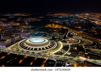 Krasnodar, Russia - August 26, 2020: Krasnodar - Football Stadium Of The Eponymous Club In The City Of Krasnodar. Public Park Krasnodar (Galitsky Park). Night Aerial View