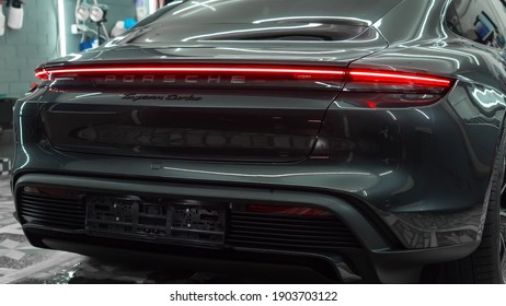 Krasnodar. Russia - January 10 2021: Rear lights Porsche Taycan.