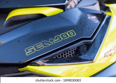 Krasnodar, Russia - October 24, 2020: Close up of jet ski with SeaDoo BRP logo at South Russian Aquabike Championship