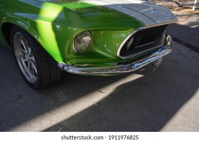 Krasnodar, Southern Federal District. Russia 28.11.2020. Bright Green Car Ford Mustang Front Facing. Illustrative Editorial