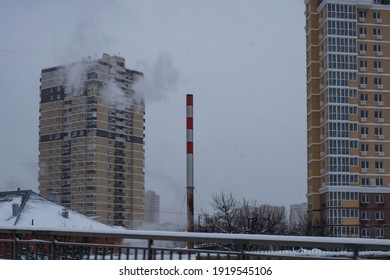  Krasnodar, Southern Federal District. Russia 15.02.2020. Smoke From Boiler Pipe. Winter Night.