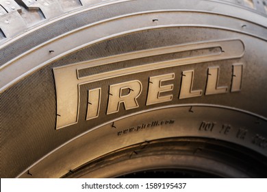 Krasnoyarsk 15 December 2019: Pirelli - logo close-up on the sidewall of the tire