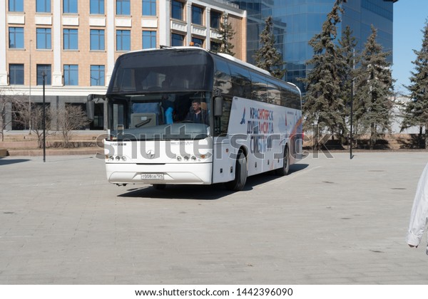 Krasnoyarsk, Krasnoyarsk Region / RF - April 5,\
2019: A double-Decker tour bus with the inscription \